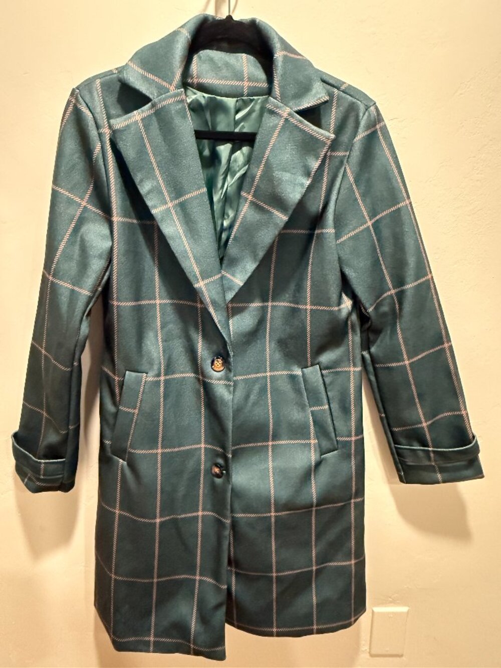 Dark Green Windowpane Plaid Long Coat - Size S